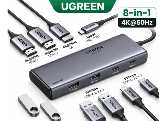 Ugreen 35625 8-in-1 USB-C Docking Station, Dual HDMI, DisplayPort, 100W PD – Grey - Image 10