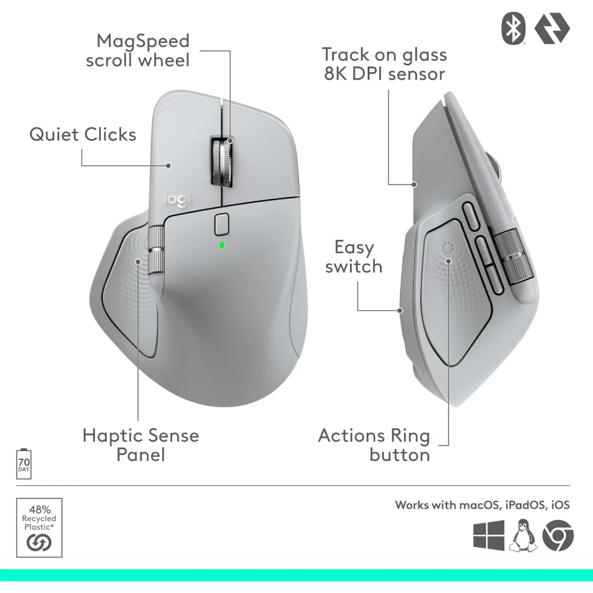 Logitech MX Master 4 Ergonomic Wireless Mouse with Haptic Feedback - Pale Grey - Thumbnail 8