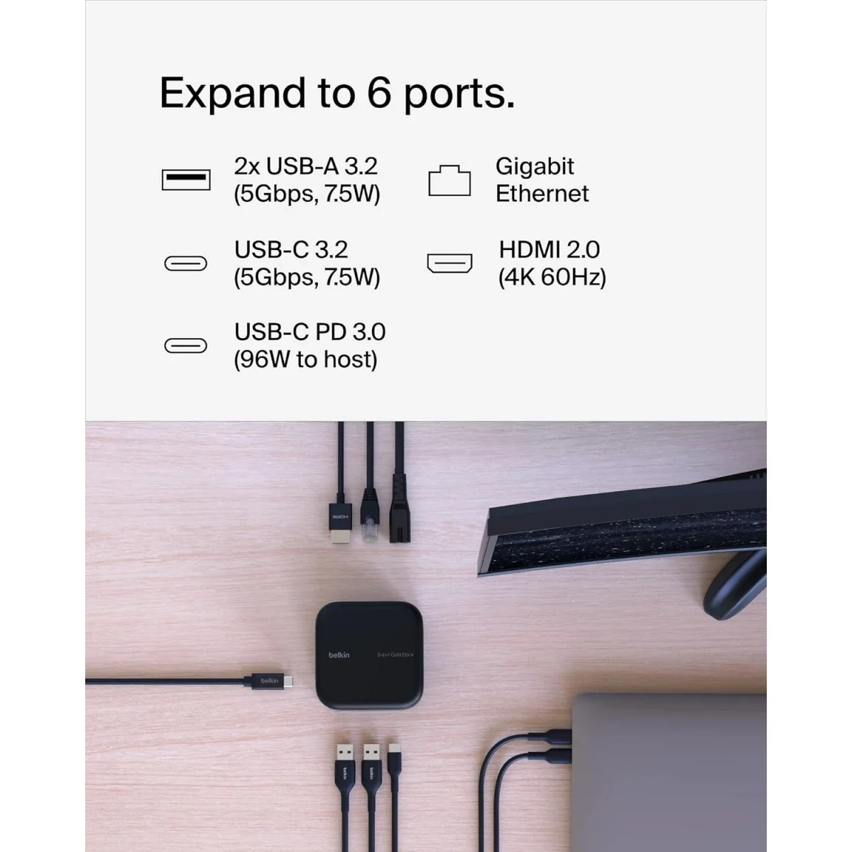 قاعدة لمجموعة واسعة من المنافذ Belkin Connect USB-C 6-in-1 Core GaN Dock 130W مع 96W PD وHDMI 4K وUSB-A وUSB-C وGigabit Ethernet - Image 2