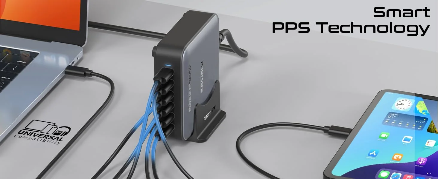 محطة شحن مكتبية Promate PowerBase-GaN285 بتقنية GaN بقدرة 285 واط و6 منافذ USB-C - أسود - Thumbnail 11