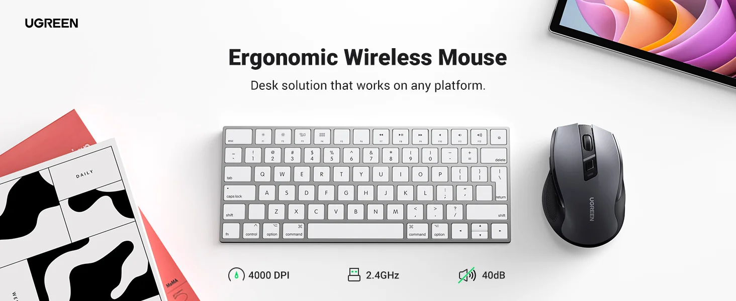 Ugreen Ergonomic Wireless Mouse 2.4GHz + Bluetooth, 4000 DPI, Silent Click, Black - Thumbnail 9