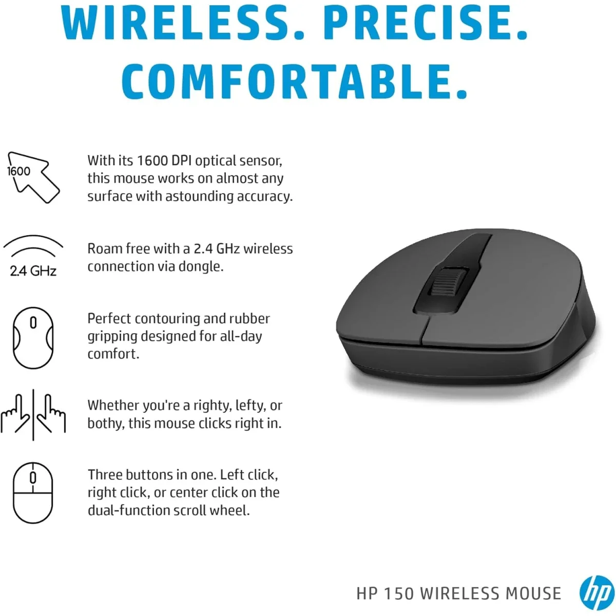 HP 150 Wireless Mouse, 1600 DPI Optical Sensor, Black - Thumbnail 7