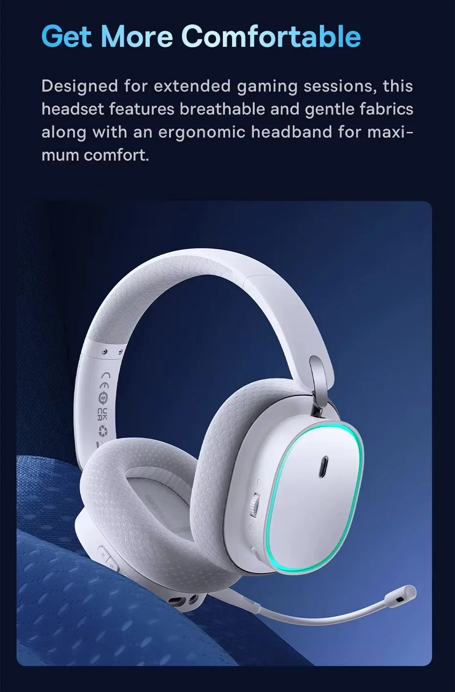 Baseus GH02 Wireless Gaming Headphones with ANC, RGB, 40mm Drivers and 40-Hour Playtime - White - Thumbnail 21