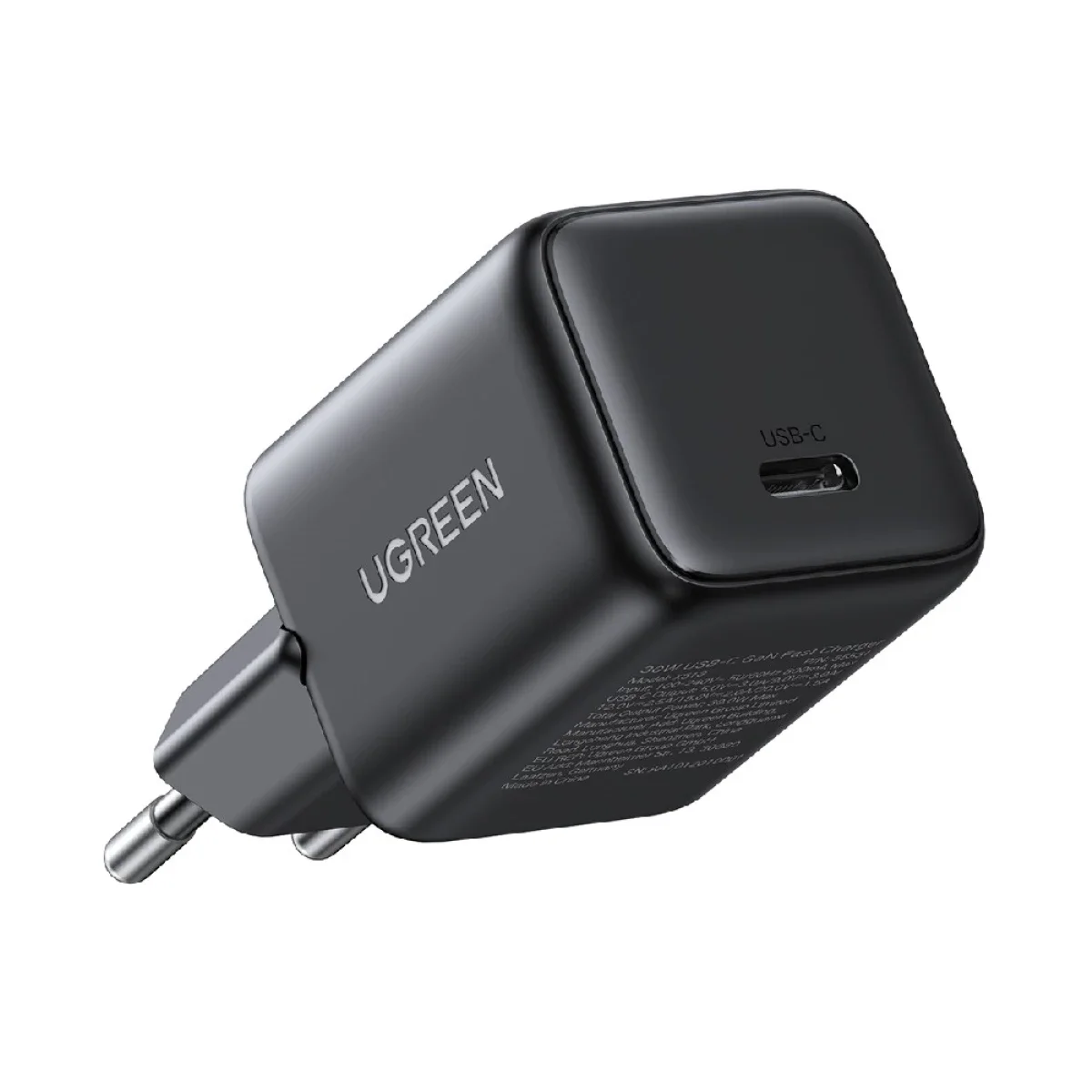 شاحن Ugreen 65007 سريع USB-C بتقنية GaN بقدرة 30 واط، أسود، قابس أوروبي