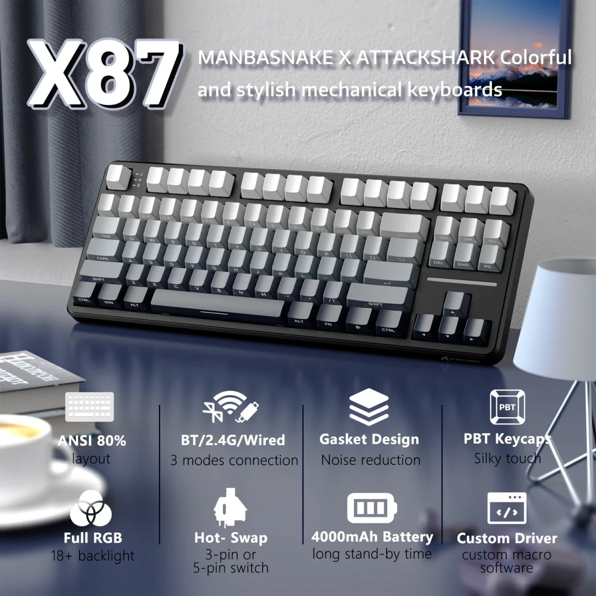 كيبورد ألعاب ATTACK SHARK X87 ميكانيكي 80% ثلاثي الاتصال مون لايت - Image 3