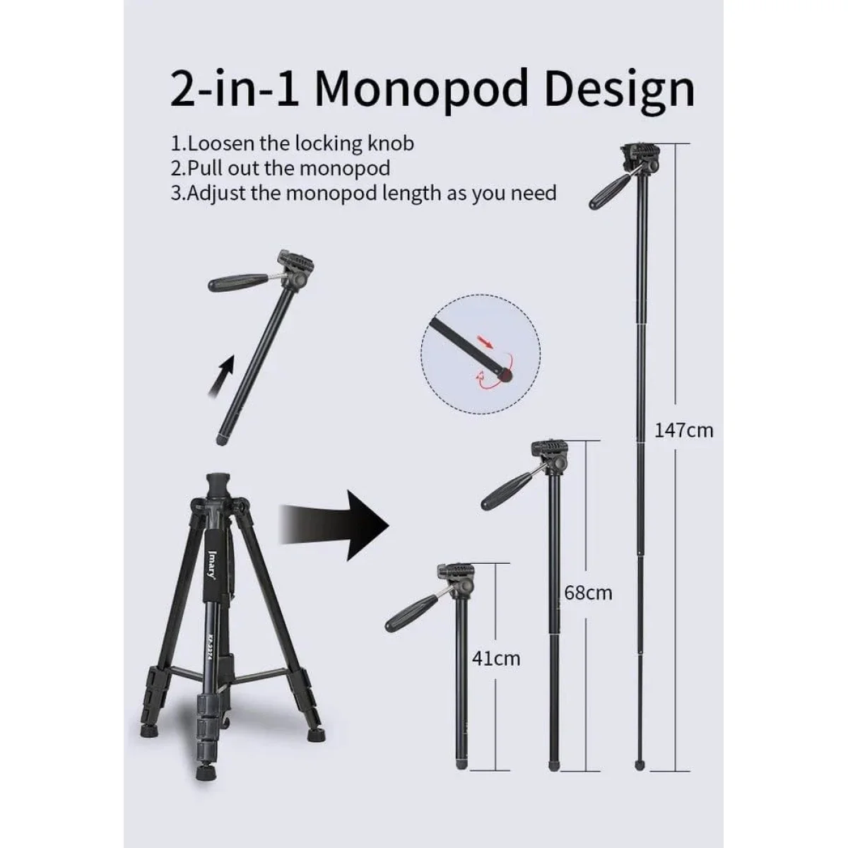 Jmary KP-2274 Professional Multi-Functional Tripod 1.67m Black - Thumbnail 2