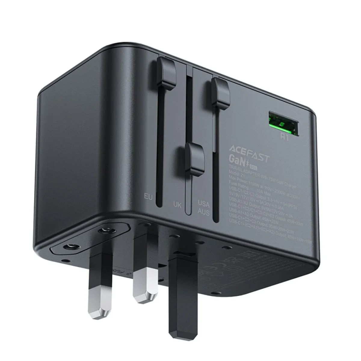 ACEFAST Z1 75W GaN Travel Charger with 3 USB-C, 2 USB-A & Universal Plugs - Image 3