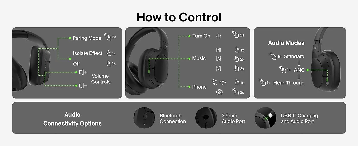 Belkin SoundForm Isolate Wireless Over-Ear ANC Headphones with Mic, Bluetooth 5.4, 60H Playtime, Black - Thumbnail 16