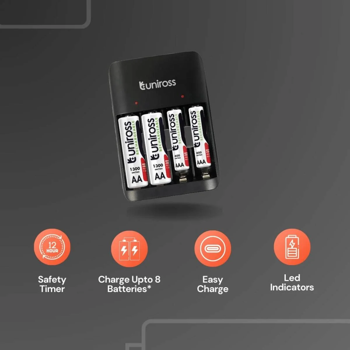 Uniross Compact Battery Charger for AA, AAA & 9V with 4 AA Rechargeable Batteries - Thumbnail 4
