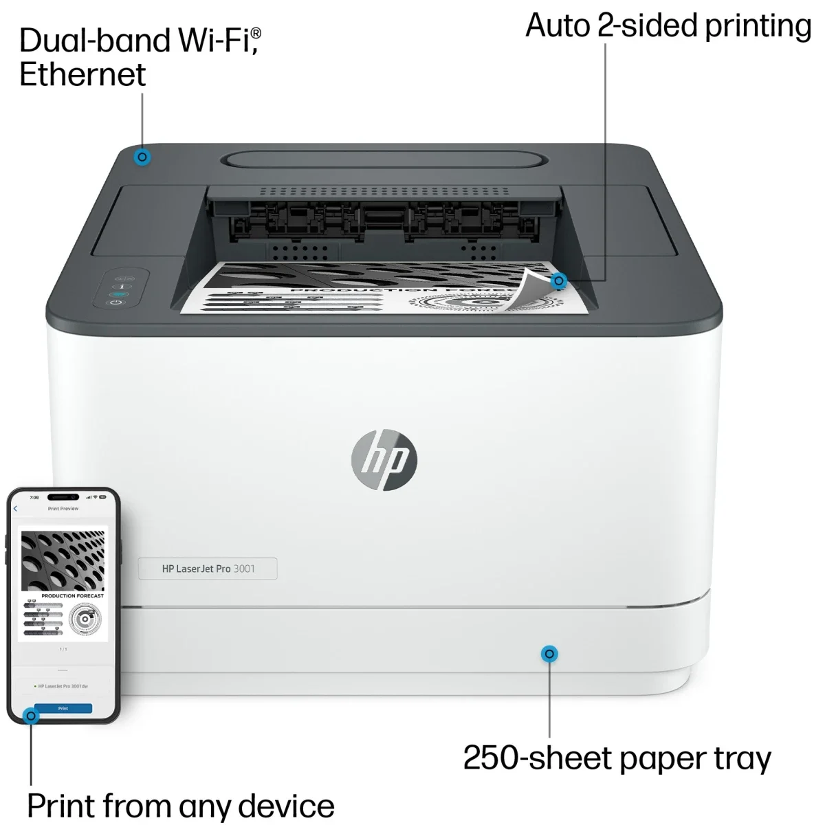 HP LaserJet Pro 3003dw Monochrome Laser Printer 35 PPM Duplex Wi-Fi Ethernet USB - Thumbnail 2