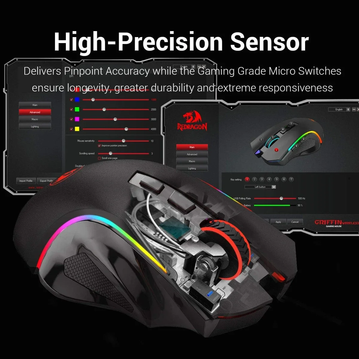 Redragon M602 Griffin Tri-Mode Wireless RGB Gaming Mouse, 8000 DPI - Thumbnail 6