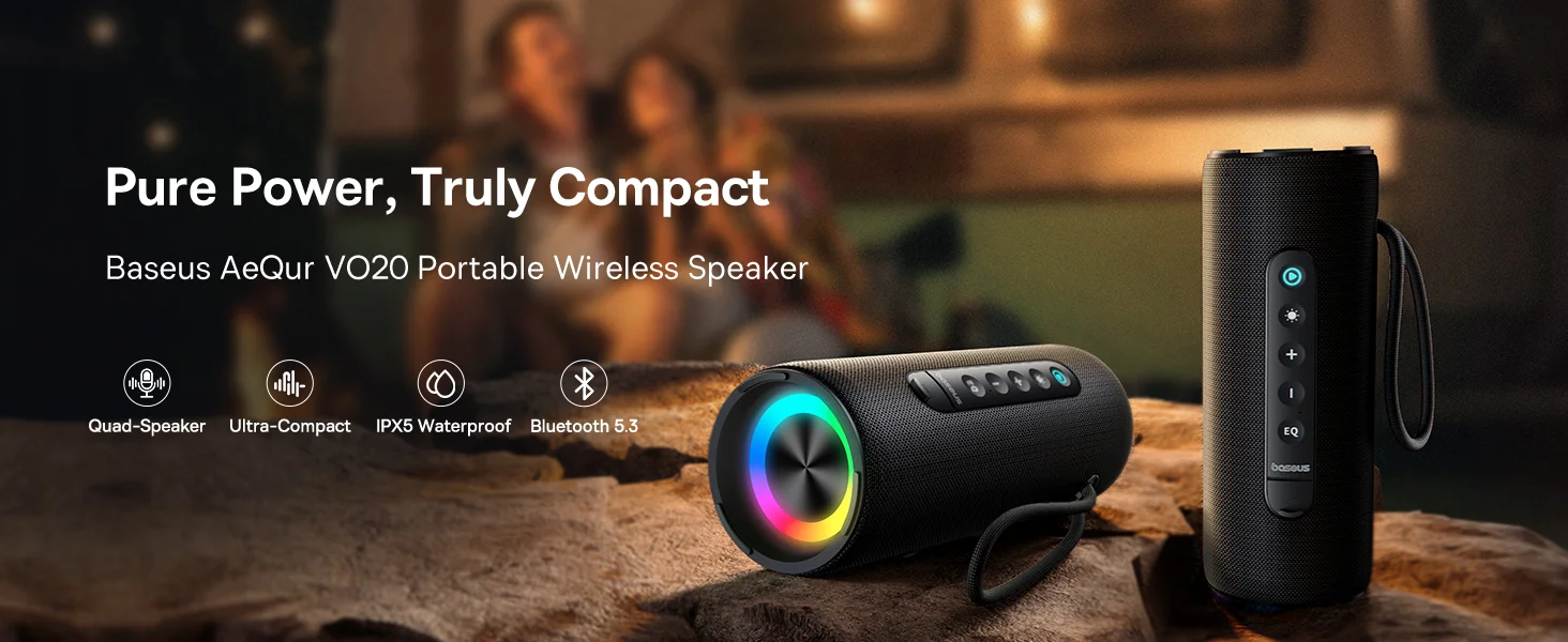 مكبر صوت Baseus AeQur Series VO20 بلوتوث مع إضاءة RGB، 15 واط، تشغيل حتى 15 ساعة - أسود - Image 8