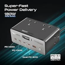 محطة شحن Promate PowerBrix-160 GaNFast بقدرة 160 واط مع 4 مقابس AC وكابل USB-C قابل للسحب - رمادي - Thumbnail 10