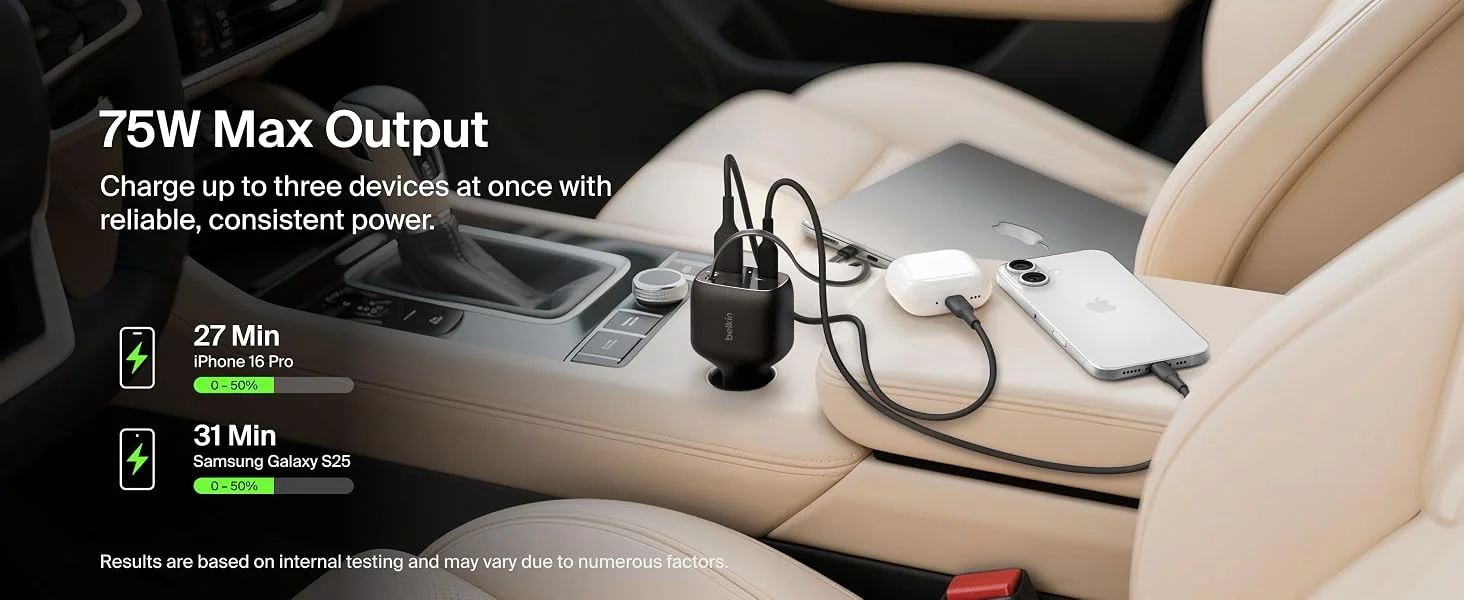 Belkin 75W USB-C Car Charger with 30in Retractable USB-C Cable - Black - Thumbnail 11