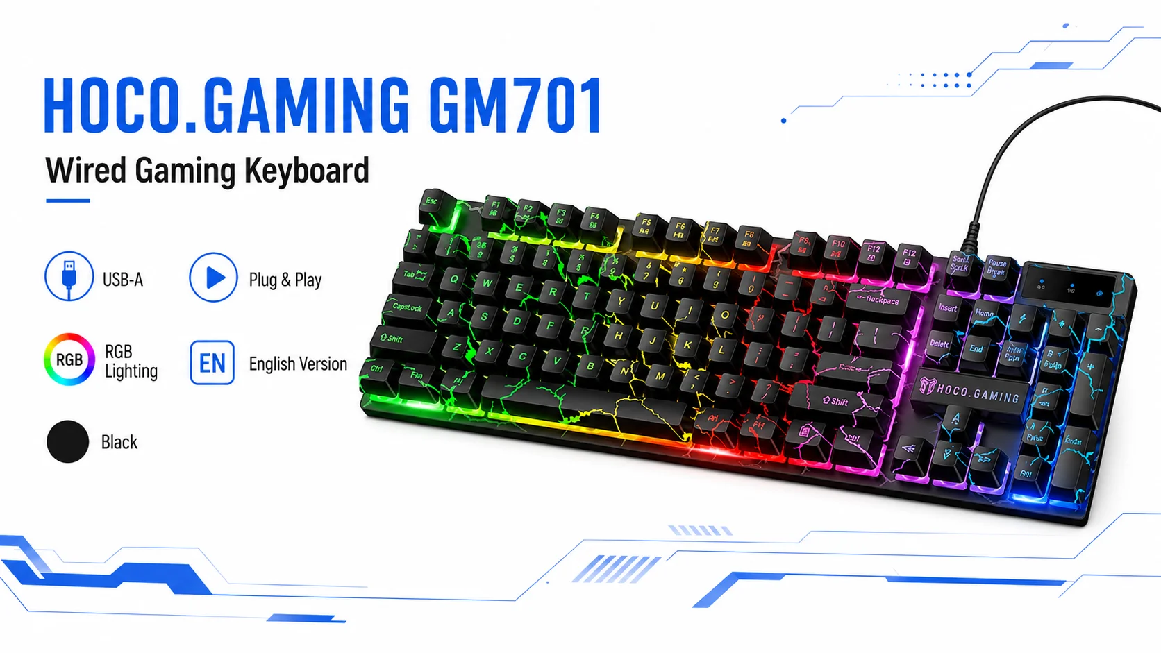 HOCO GM701 Wired RGB Gaming Keyboard, English Layout, Black - Thumbnail 6