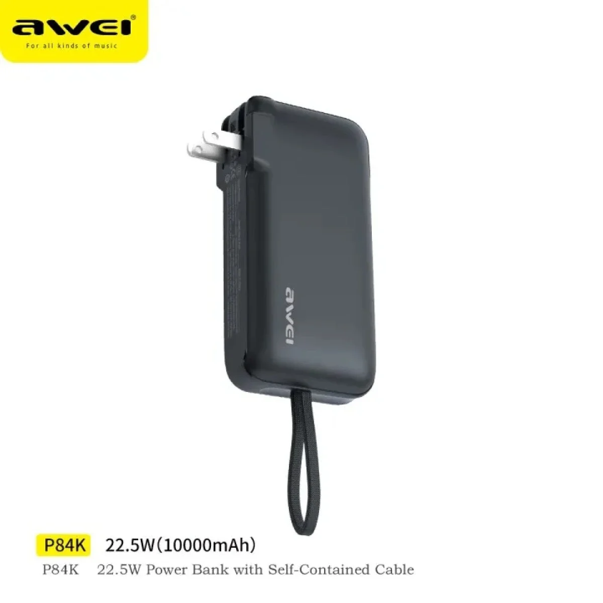 Awei P84K 10000mAh Power Bank with Built-in USB-C Cable & Plug, 22.5W Fast Charging