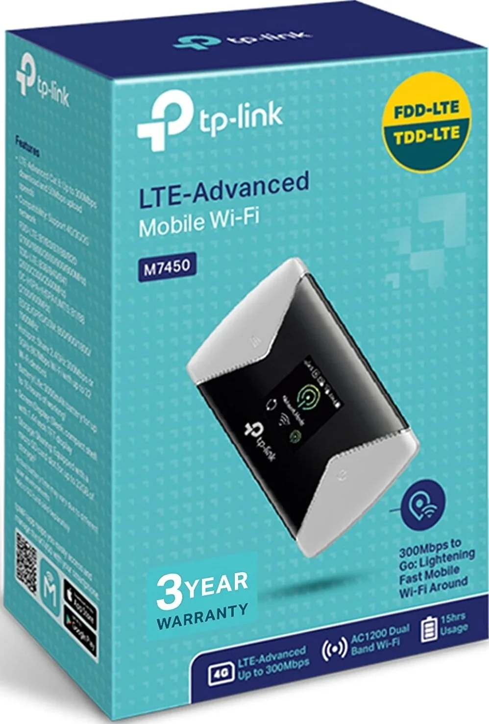 جهاز واي-فاي متنقل (ماي فاي) يدعم شبكات LTE المتقدمة بسرعة 300 ميجابت في الثانية | بطارية 3000mAh | من TP-LINK M7450