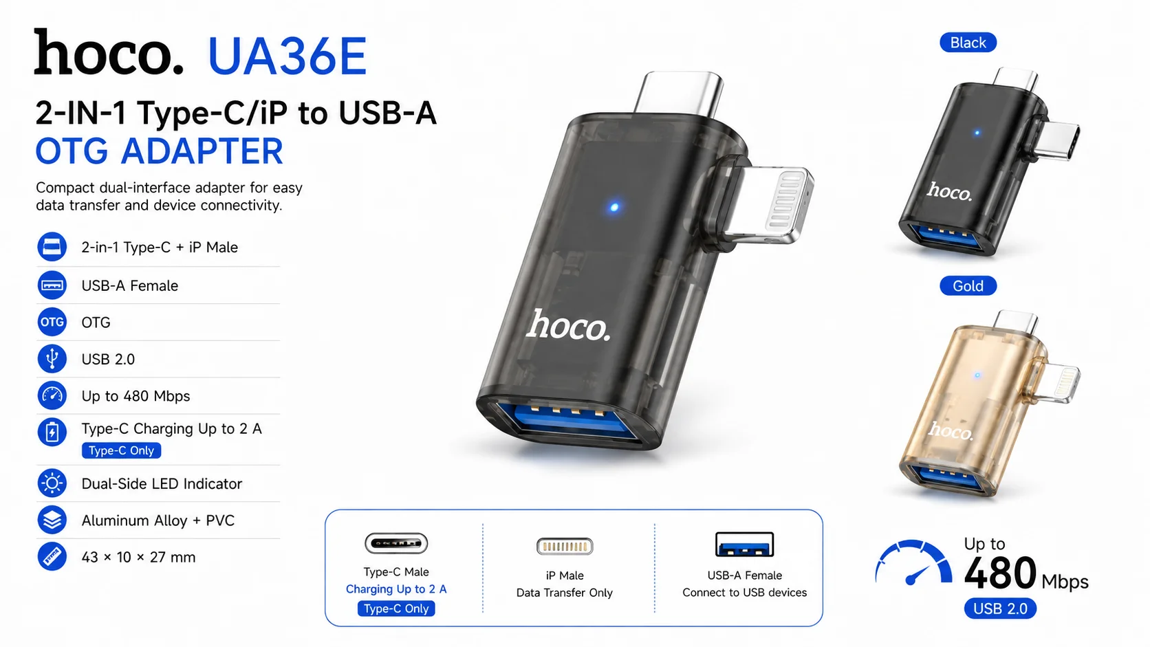 محول HOCO UA36E OTG 2 في 1 من Type-C/iP إلى USB-A بسرعة 480Mbps أسود - Image 7