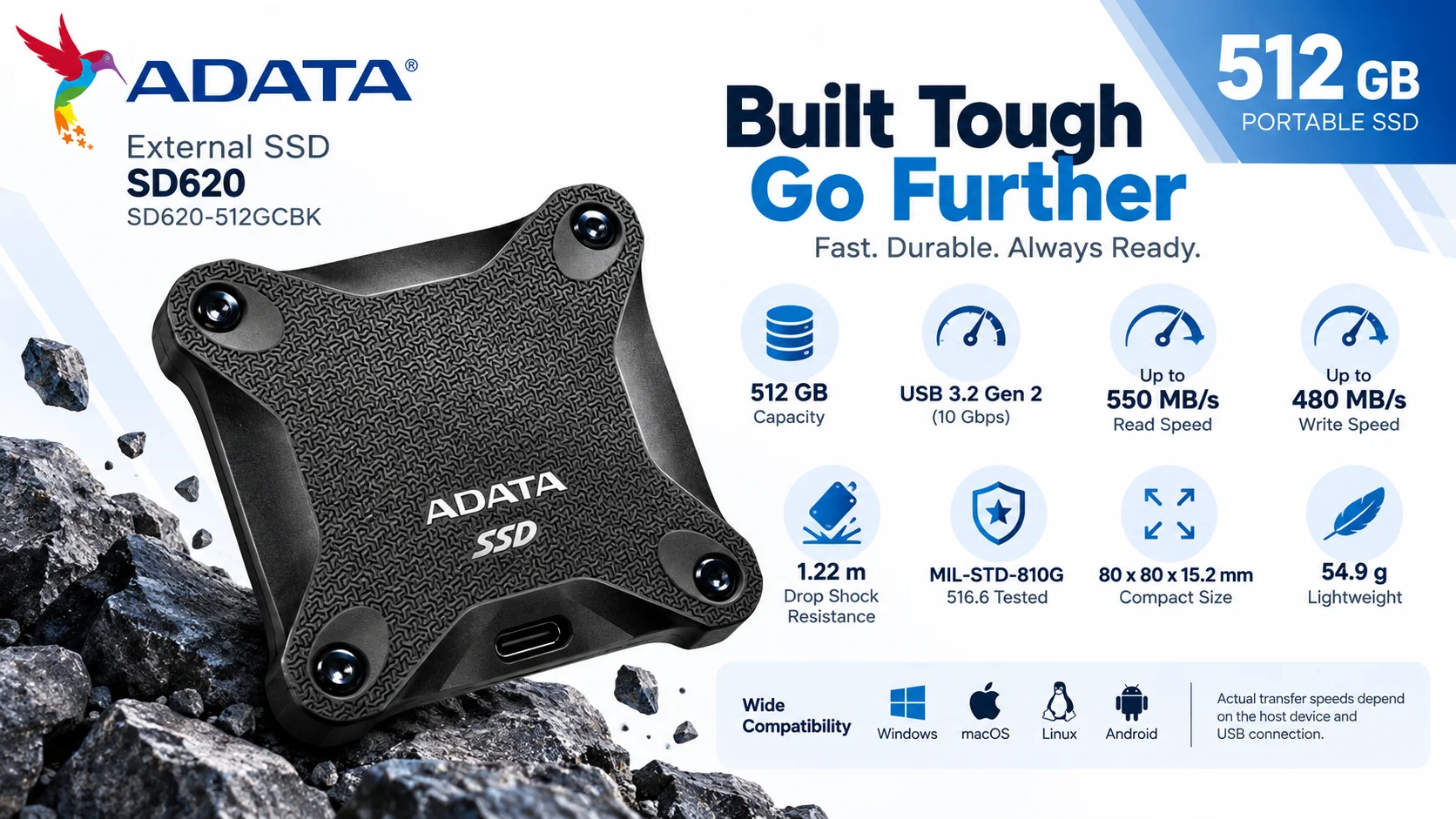 قرص SSD خارجي ADATA SD620 سعة 512GB، USB 3.2 Gen 2، مقاومة سقوط 1.22 متر بمعيار MIL-STD - أسود - Image 7