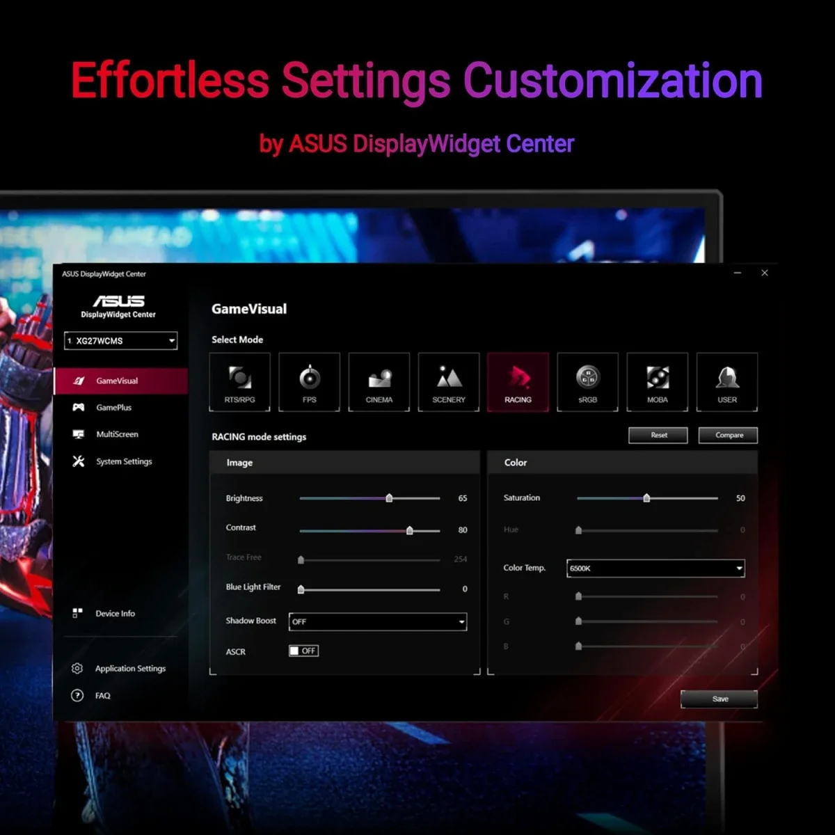 شاشة Asus ROG Strix XG27WCMS للألعاب 27 إنش منحنية QHD، 280 هرتز، 1 مللي ثانية، USB-C - Image 7