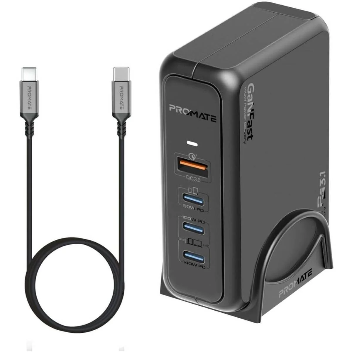 Promate GaNPort-140W 140W GaN Laptop Charger with 100W and 30W USB-C PD Ports