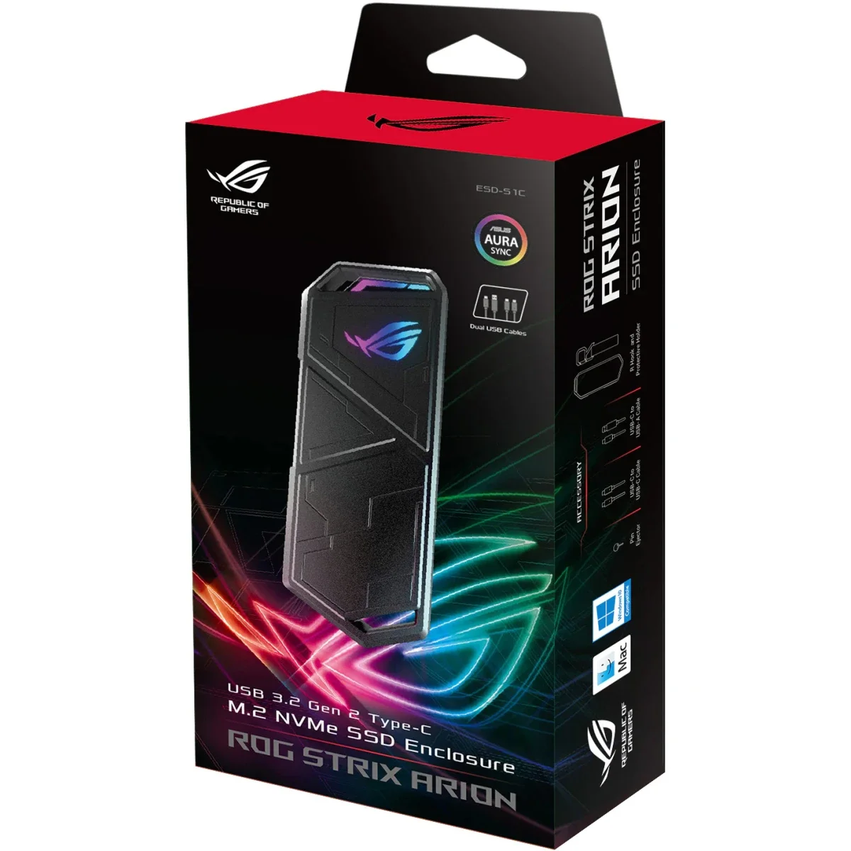 Asus ROG Strix Arion Aluminum M.2 NVMe SSD Enclosure, USB 3.2 Gen 2 Type-C, 10 Gbps, Protective Holder and Dual Cables - Image 2