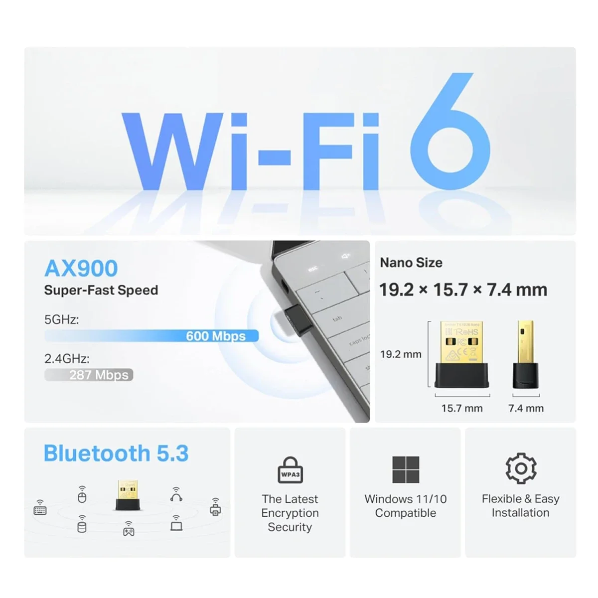 محول USB TP-LINK Archer TX10UB Nano AX900 واي فاي 6 وبلوتوث 5.3 بسرعة 900 ميجابت/ثانية ثنائي النطاق USB 2.0 - Image 2