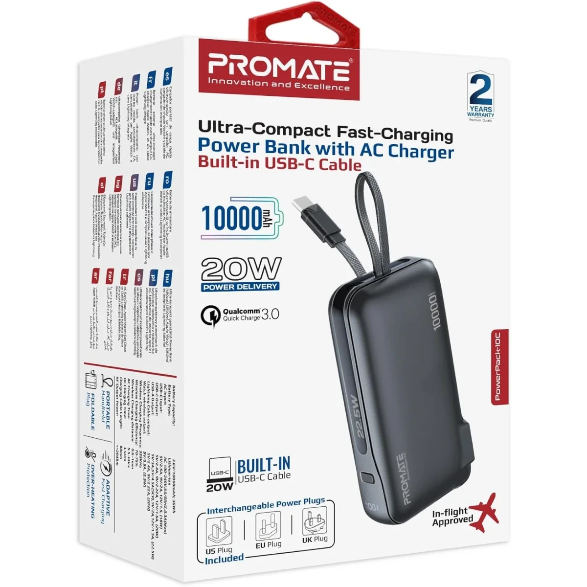 Promate PowerPack-10C 10000mAh Dual-Mode AC/DC Power Bank Charger, 20W USB-C, 22.5W USB-A, Black - Image 10