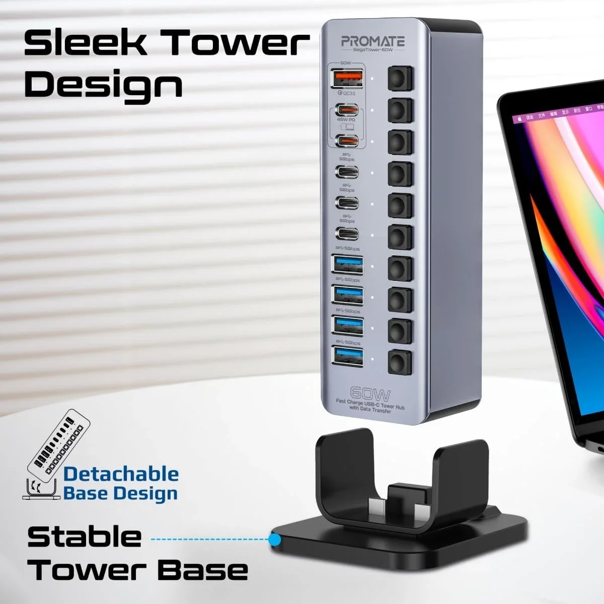 موزع USB-C متعدد المنافذ برجي 14 في 1 Promate GegaTower-60W بقدرة 60 واط - Image 7
