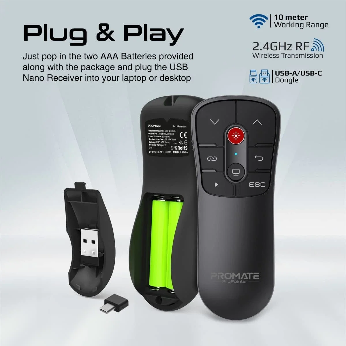 جهاز تحكم بالعروض اللاسلكي Promate ProPointer بمنفذي USB-A وUSB-C ومؤشر ليزر 50 متر ومدى 10 متر - Thumbnail 4