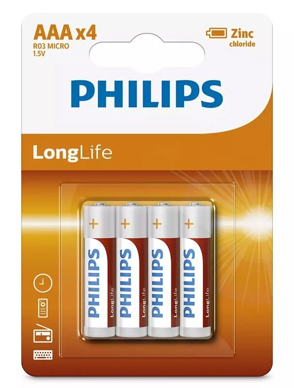 بطاريات Philips Long Life AAA زنك كلوريد – عبوة 4 قطع