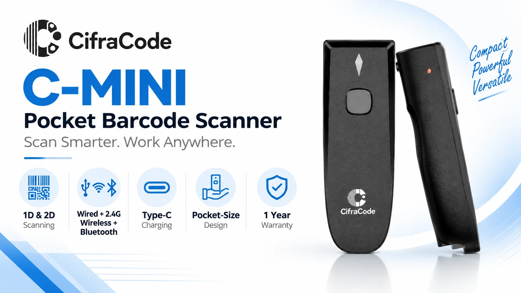قارئ باركود CifraCODE C-MINI للجيب أحادي وثنائي الأبعاد - أسود - Image 3