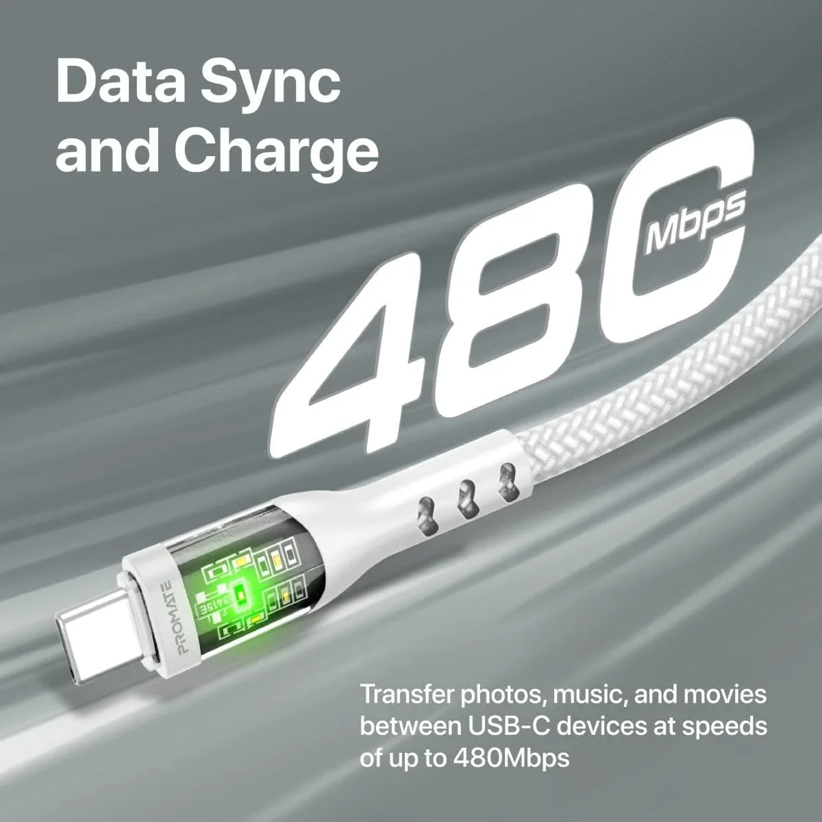 كابل Promate TransLine-CC USB-C إلى USB-C بقدرة 60 واط وطول 120 سم مضفر بالنايلون - أبيض - Thumbnail 5