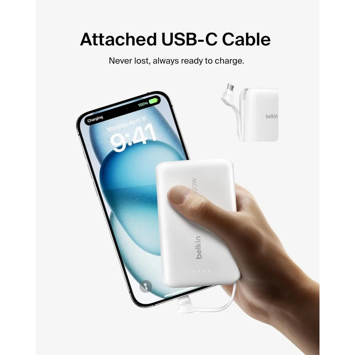 بطارية محمولة Belkin BoostCharge بسعة 10000mAh مع كابل USB-C مدمج وشحن PD بقدرة 20W - أبيض - Thumbnail 5