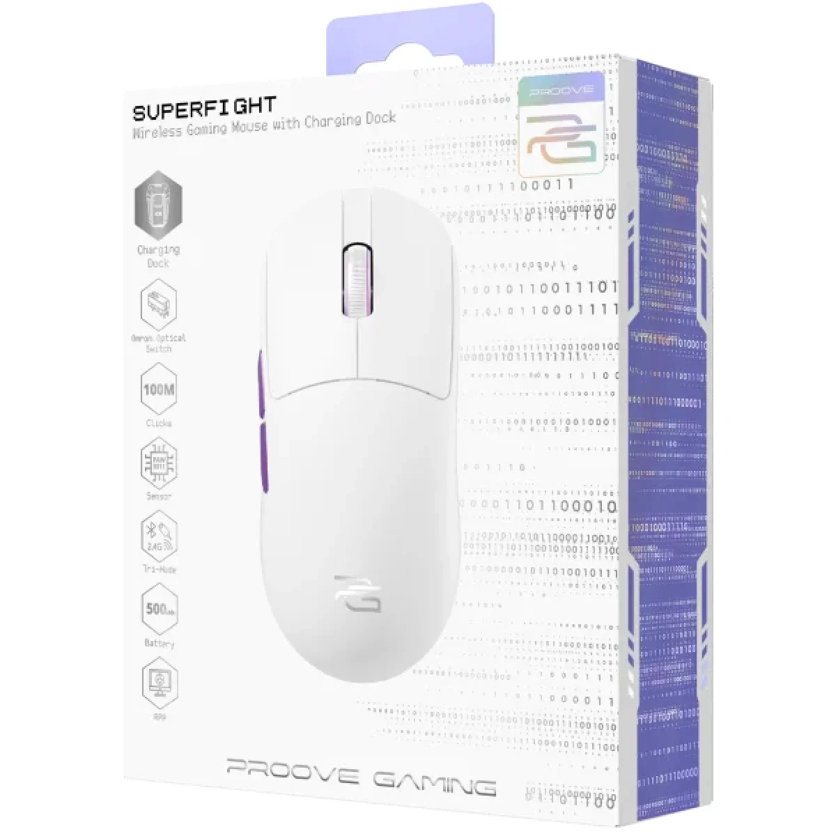 Proove Superfight Wireless Tri-Mode Gaming Mouse, 12000 DPI, Charging Dock, White/Purple - Thumbnail 8