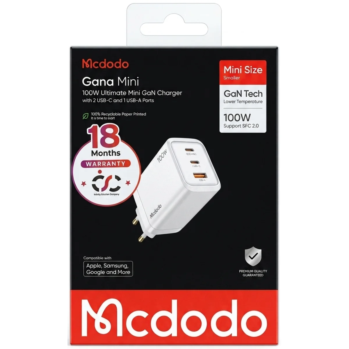 شاحن جداري Mcdodo Gana Mini بقدرة 100 واط GaN، 3 منافذ USB-C وUSB-A، أبيض