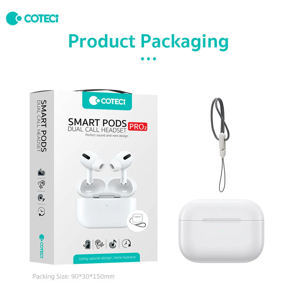 سماعات أذن Coteci Smart Pods Pro2 بلوتوث عازلة للضوضاء مع شحن Type-C، أبيض - Thumbnail 9