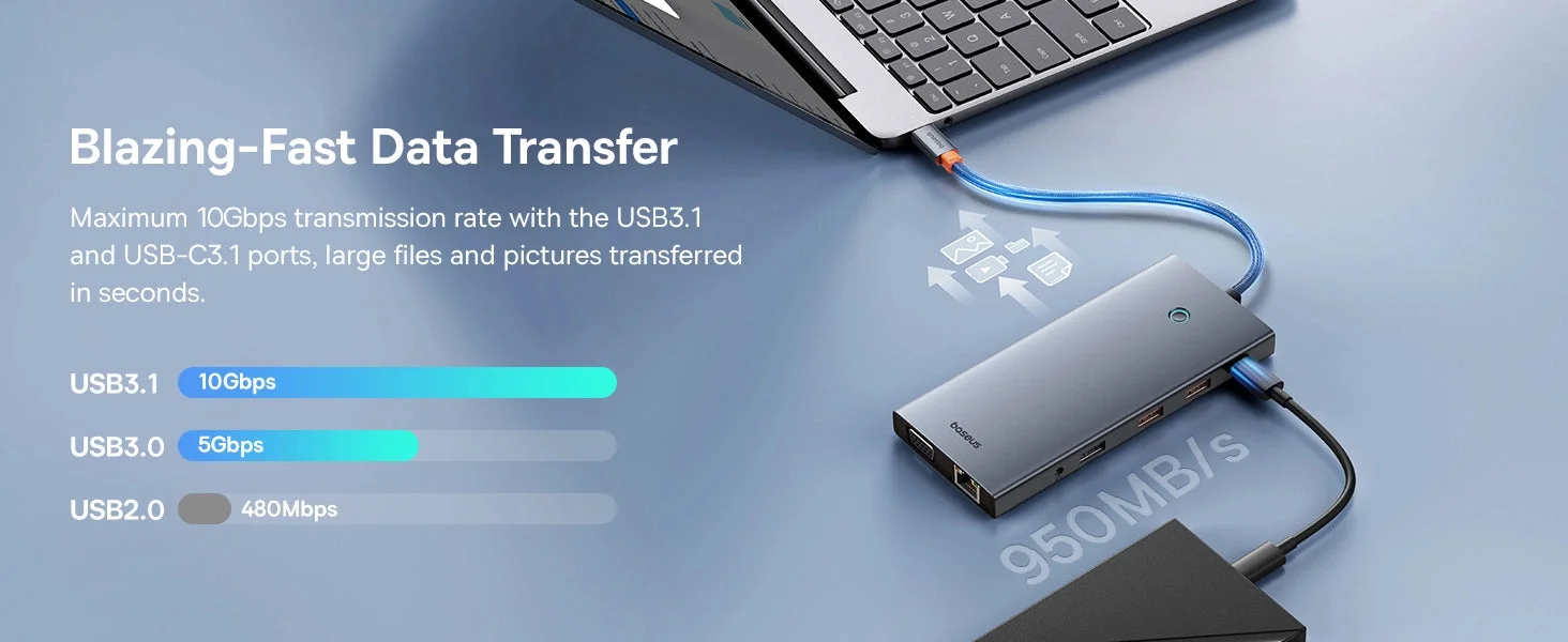 Baseus PortalJoy Series 13-Port USB-C Hub with Dual HDMI 4K@60Hz, DP 4K@120Hz, VGA, RJ45, SD/TF and 100W PD - Space Grey - Image 10