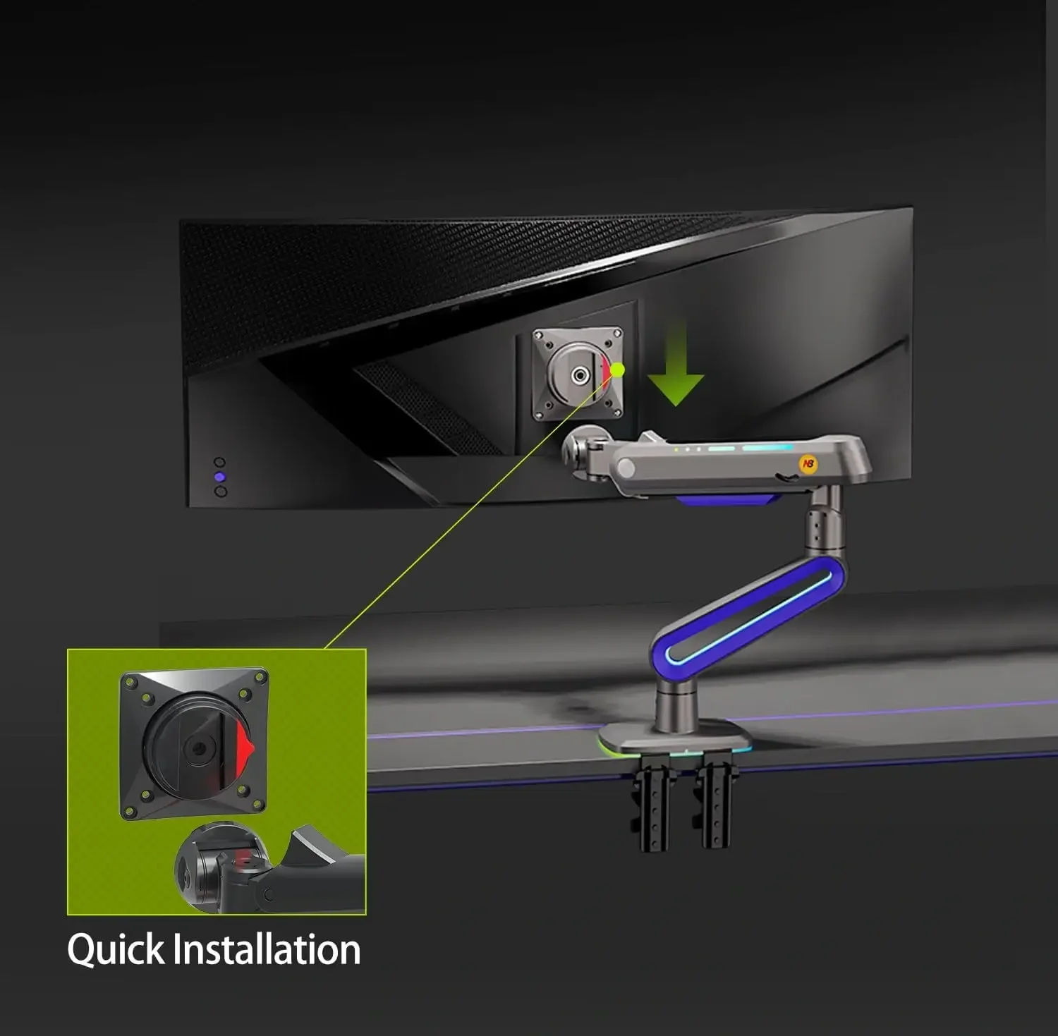 North Bayou G70 Gaming Monitor Arm Desk Mount for 22-inch to 60-inch Monitors with RGB - Thumbnail 9