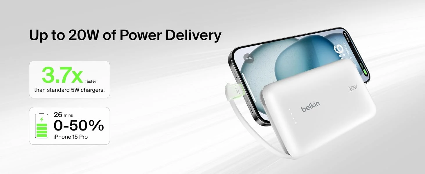 بطارية محمولة Belkin BoostCharge بسعة 10000mAh مع كابل USB-C مدمج وشحن PD بقدرة 20W - أبيض - Thumbnail 14
