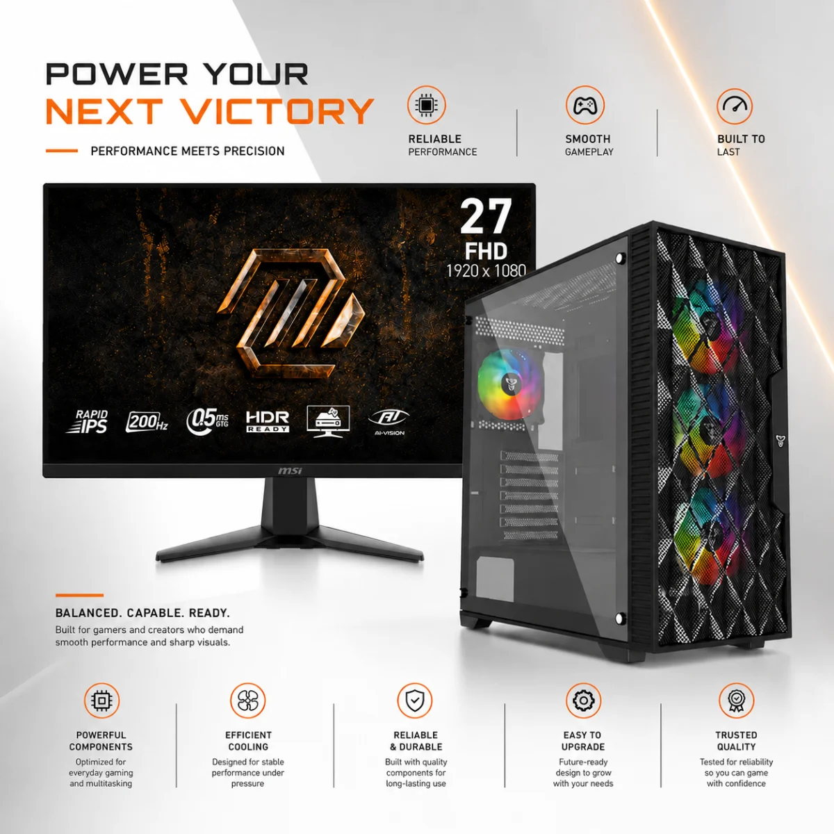 GTS 4.5+ Gaming PC Bundle, Intel Core Ultra 7 265F 20-Core, RTX 5060 8GB GDDR7, 16GB DDR5 6000MHz Fury RGB, 1TB NV3 6000MB/s, MSI PRO MP273 E14A 27" FHD 1920x1080 IPS 144Hz 1ms Monitor