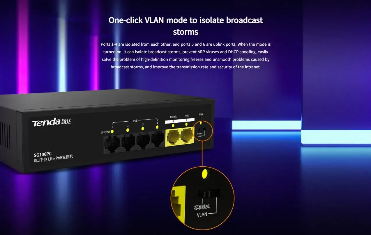 سويتش PoE جيجابت Tenda SG106PC 4 منافذ مع منفذي Uplink جيجابت، 45W، غير مدار - Image 11