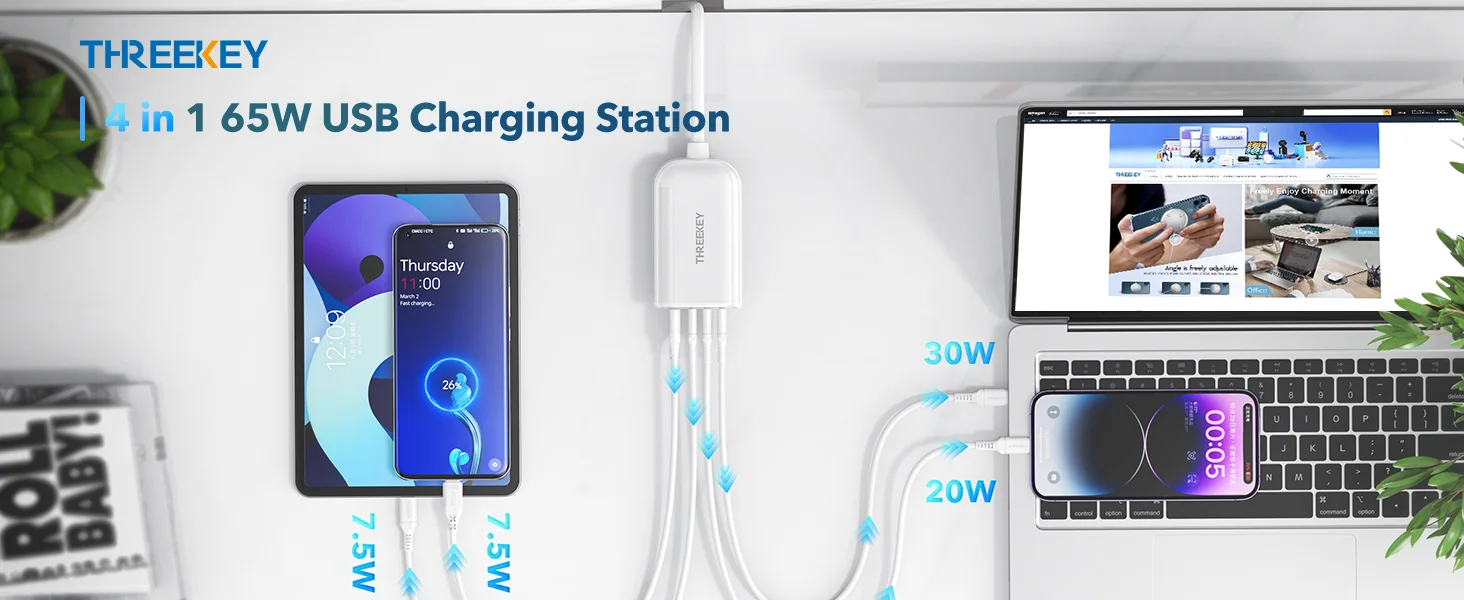 THREEKEY 65W GaN USB-C 4-Port Desktop Charger White - Thumbnail 7