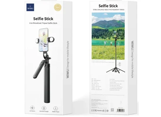 WIWU Wi-SE012 Bluetooth Selfie Stick Tripod with Fill Light and Remote Control - Black - Image 5