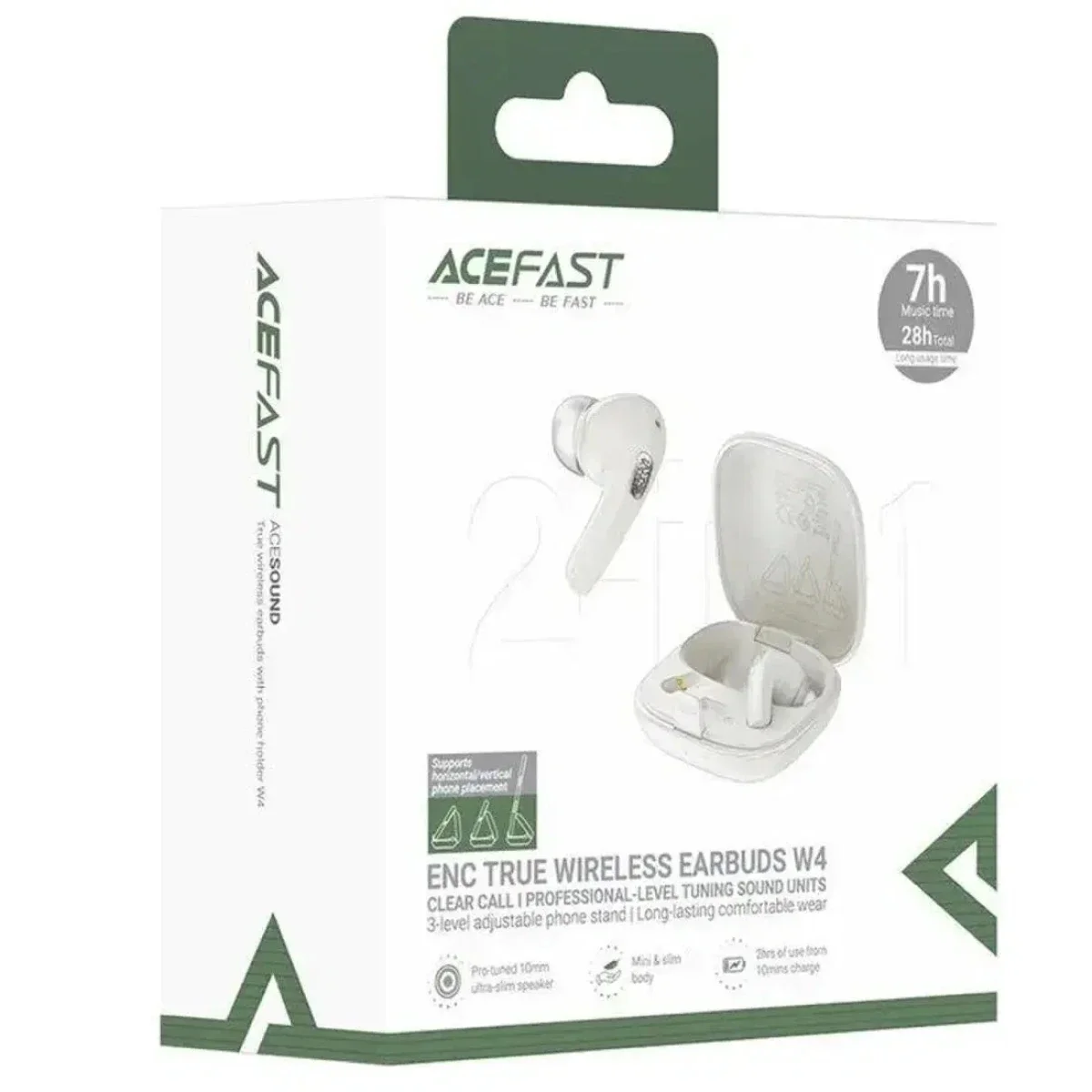ACEFAST W4 TWS Bluetooth In-Ear Earbuds with Phone Stand Case, IPX4, 7-Hour Playtime - White - Image 4
