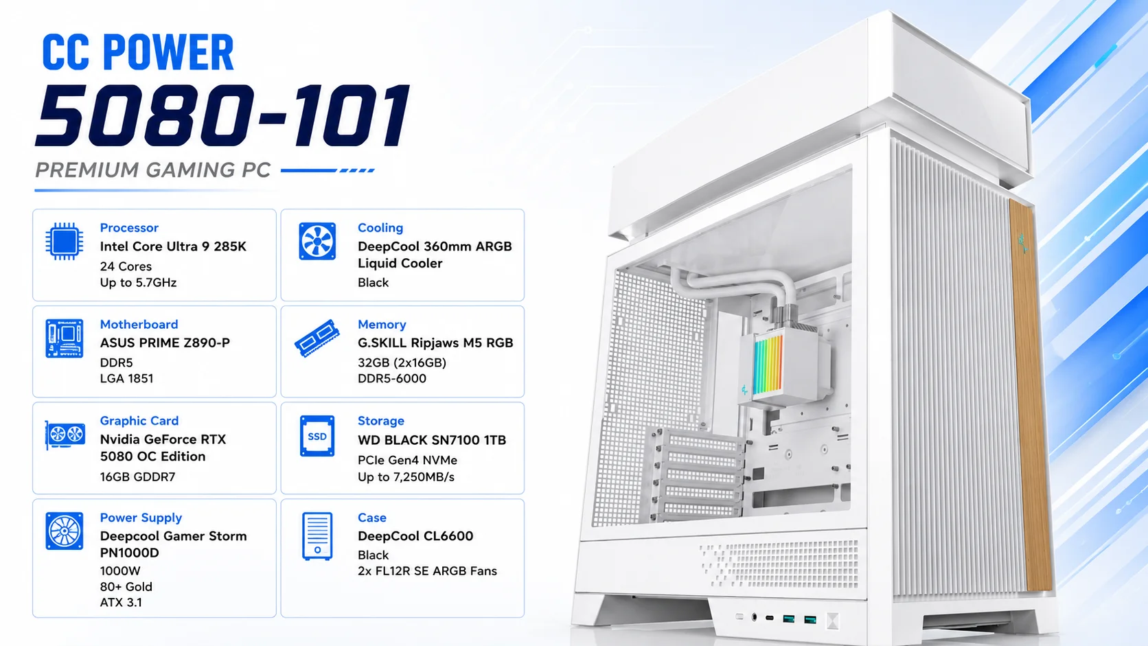 كمبيوتر ألعاب CC POWER 5080-101 بمعالج Core Ultra 9 285K وبطاقة RTX 5080 وذاكرة 32GB وتخزين 1TB NVMe - Thumbnail 2
