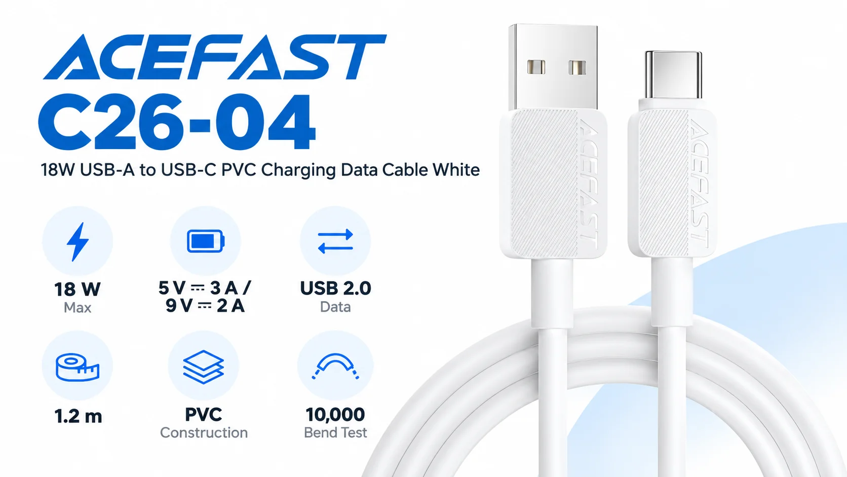 ACEFAST C26-04 18W USB-A to USB-C PVC Charging and Data Cable – White - Image 7
