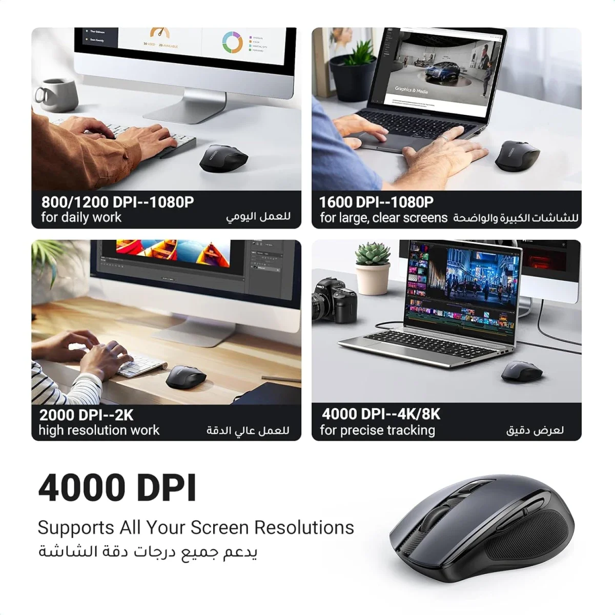 Ugreen Ergonomic Wireless Mouse 2.4GHz + Bluetooth, 4000 DPI, Silent Click, Black - Thumbnail 3