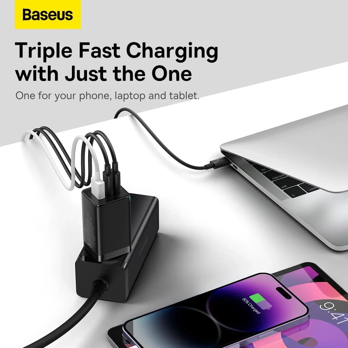 شاحن جداري Baseus GaN5 Pro سريع 65 واط مع 3 منافذ وكابل USB-C بطول 1 متر - أسود - Image 4
