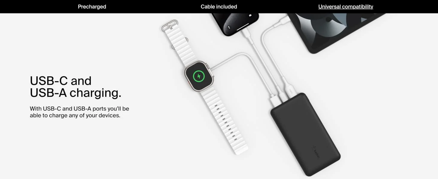 Belkin BoostCharge 10,000mAh USB-C Power Bank with 2 USB-A Ports, 15W - Black - Thumbnail 9